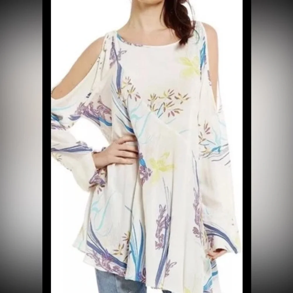 FREE PEOPLE Clear Skies Printed Tunic Dress Boho Cold Shoulder White Pastel